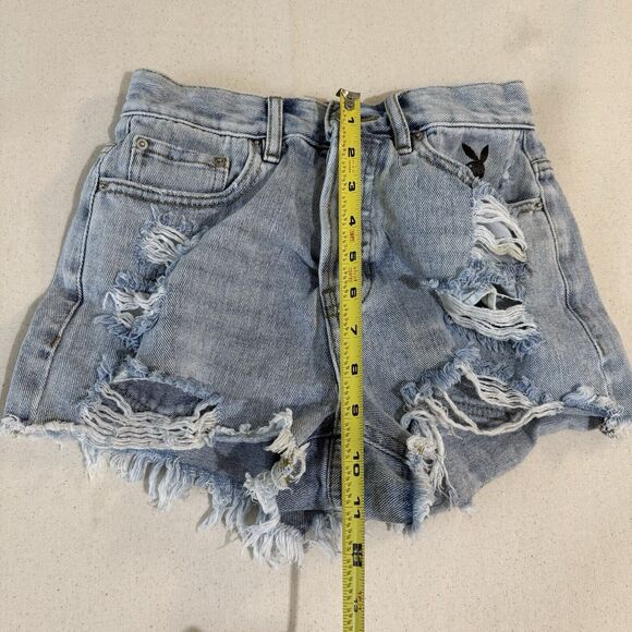 PLAYBOY X PACSUN FUNNY BUNNY VINTAGE HIGH WAISTED DENIM JEAN CUT OFF SHORTS 24 - Picture 8 of 12
